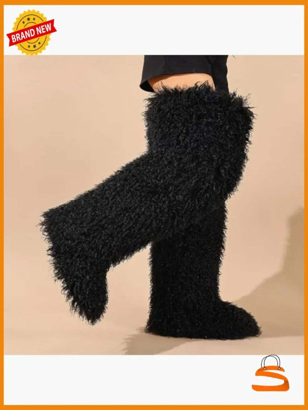 Faux fur knee-high boots, Y2K over-the-knee fluffy flat boots 28in
